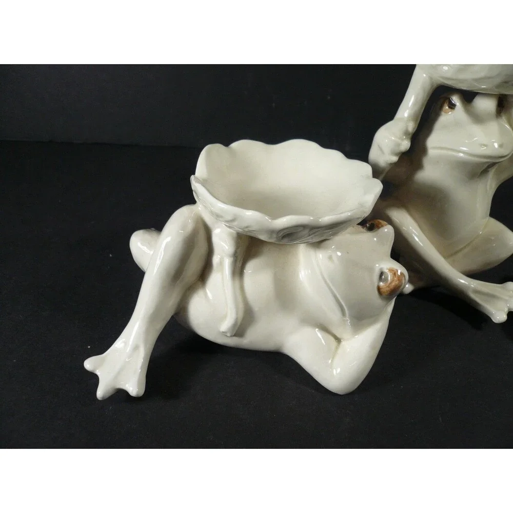 Vtg Set of 3 White Frog with Leaf Bowls Tea Light Candle Holders or Trinket Dish